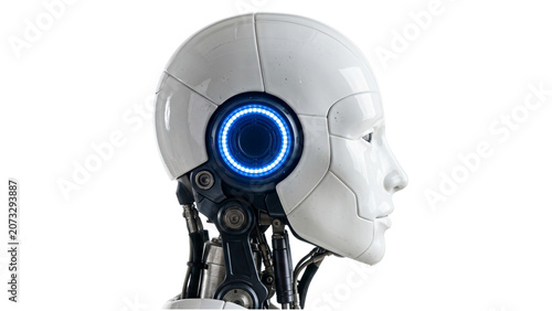 Canvas-taulu Robot head with illuminated blue eyes and metallic neck on transparent backgroun