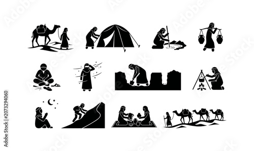 Fotografie A comprehensive collection of black and white icons illustrating traditional des