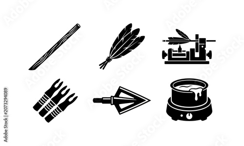 Tableau sur toile Archery equipment and arrow building tools icons set featuring shaft feathers ji