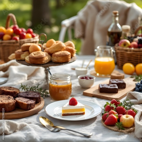 Gourmet picnic basket with desserts and fruits, outdoor dining concept