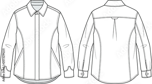 Foto Technical Flat Sketch of Long Sleeve Button Front Shirt with Curved Hem and Pane