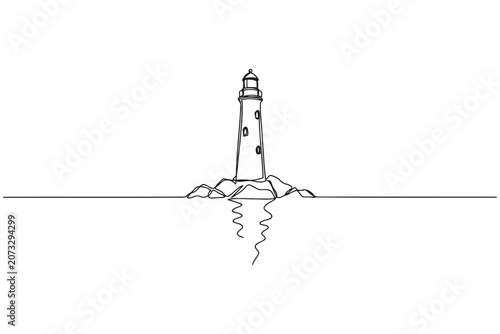 Quadro su tela Single line sketch of a lighthouse with water reflection lighthouse reflection