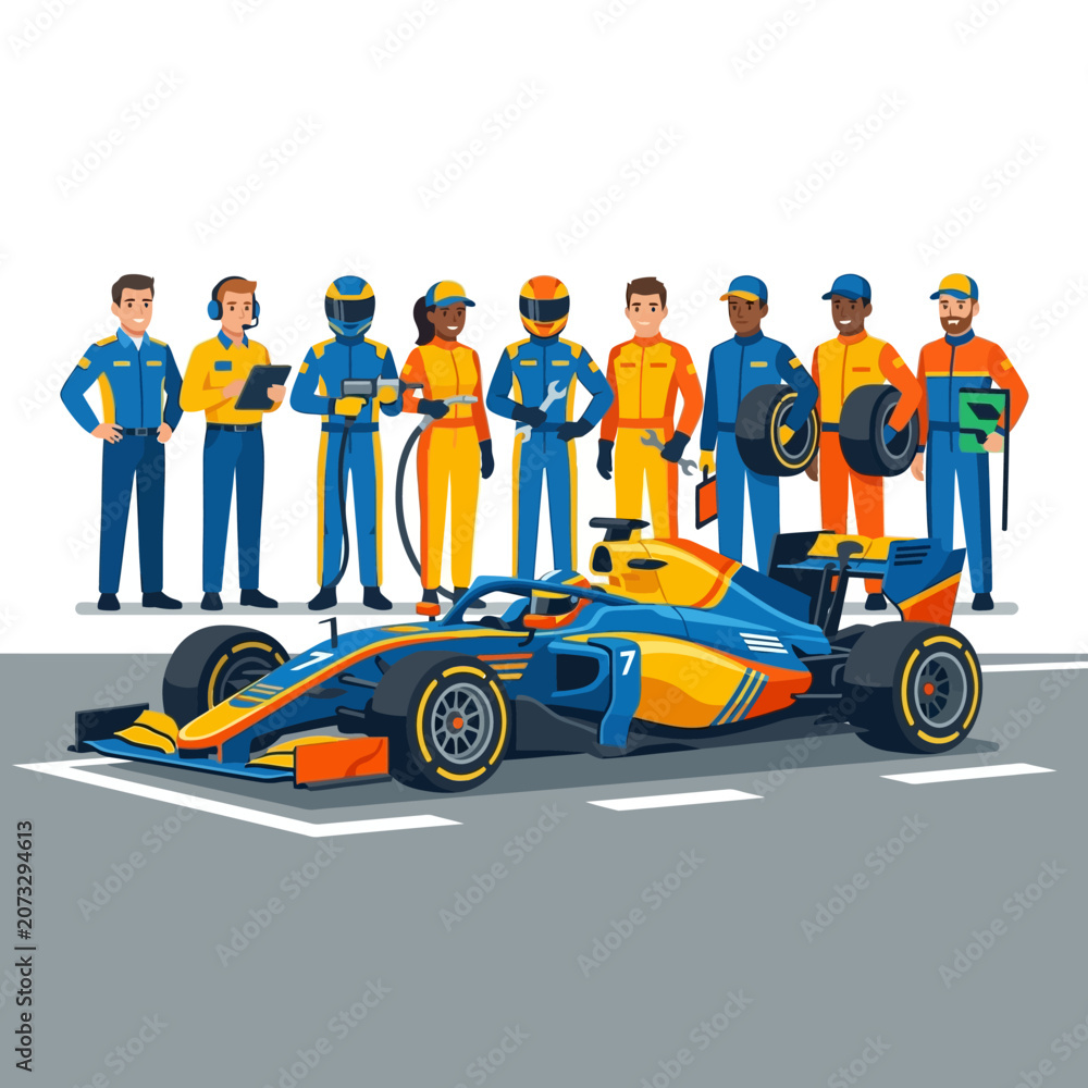 Naklejka premium Racing Team Crew with Formula 1 Car on Pit Stop - Professional Drivers and Mechanics