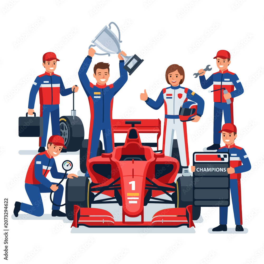Naklejka premium Racing Team Celebration: Driver with Trophy Next to Formula 1 Car
