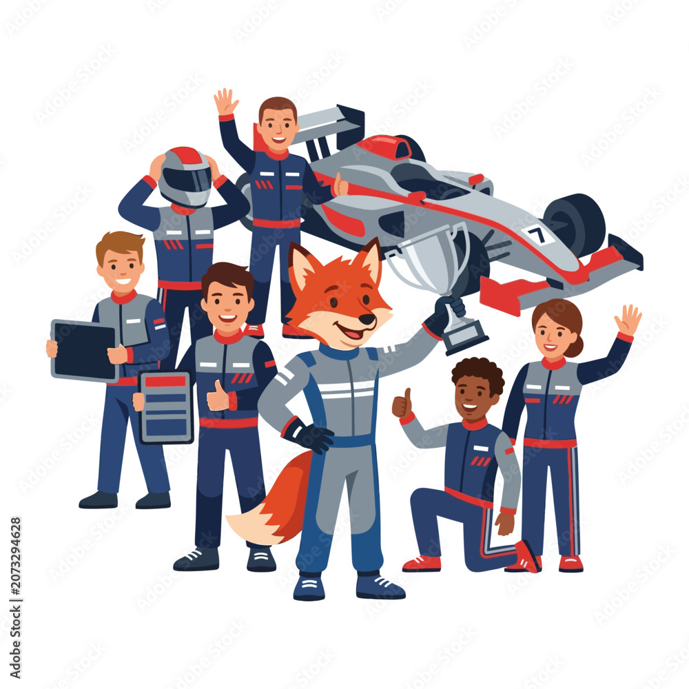 Naklejka premium Racing Team Victory Celebration with Fox Mascot and Trophy