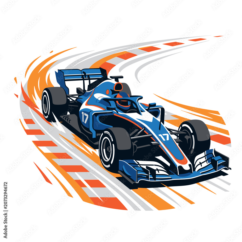 Naklejka premium Blue F1 Race Car Speeding on Track with Orange Curves, Dynamic Motion