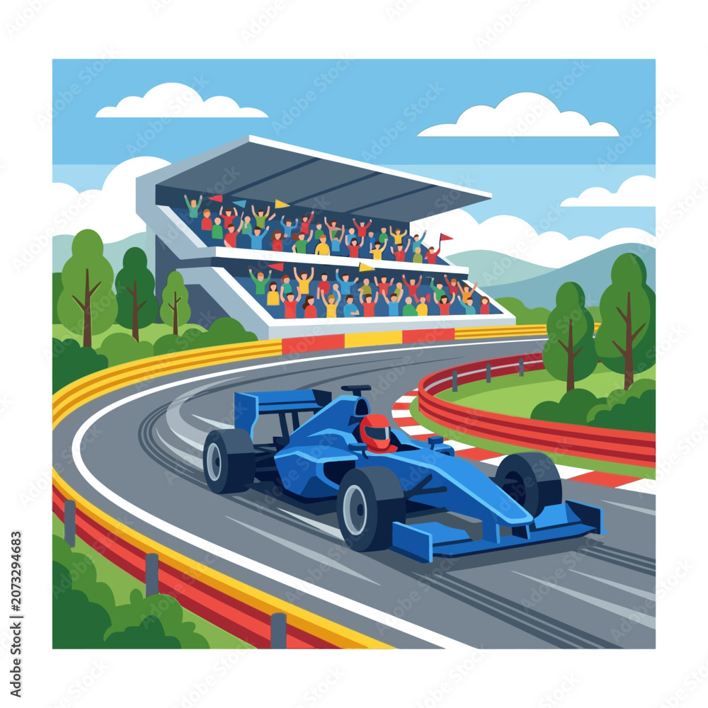 Naklejka premium Blue formula racing car on track with cheering crowd in stands, vibrant colors