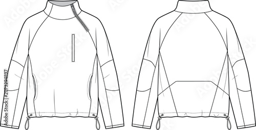 Foto Technical Flat Sketch of Mock Neck Raglan Pullover Jacket with Drawcord Hem and