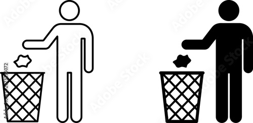 Fotografía Black silhouette and white line icons of people throwing trash  waste disposal c