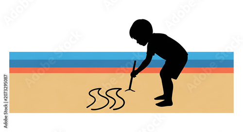 Silhouette of a young boy drawing waves on sandy beach with a stick against multi-colored striped sea backdrop. Minimalist flat vector illustration style.
