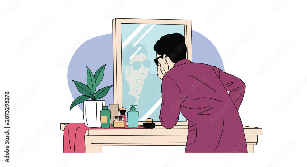 Fototapeta premium Man in a purple robe looking at his reflection in a vanity mirror surrounded by various grooming products and a potted plant.