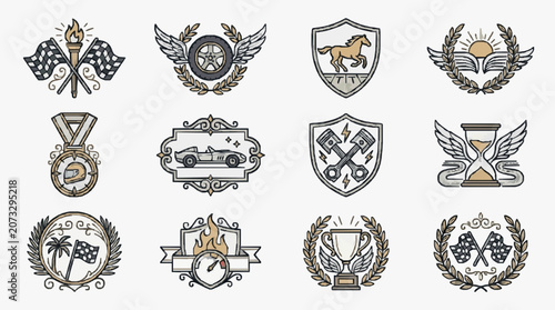 Creative Vintage Style Racing and Motorsport Emblem Collection Monochrome Line Art Designs Featuring Flags Wings Horses Cars Wrenches and Trophies