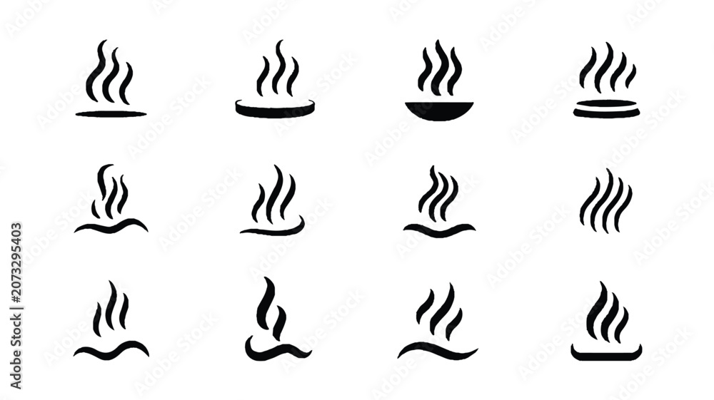 Fototapeta premium A set of 12 black and white steam or smoke icons is illustrated.