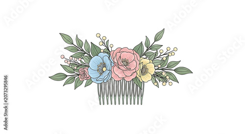 Delicate floral hair comb accessory with pink roses and blue blossoms on white background. Elegant vector illustration style.