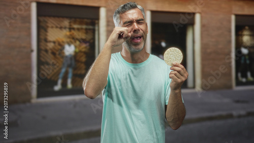 Konstfotografi Middle age man with grey hair holding corn pastry in hand, eyes closed and mouth open while rubbing his eye on urban street storefront; savoring curiosity