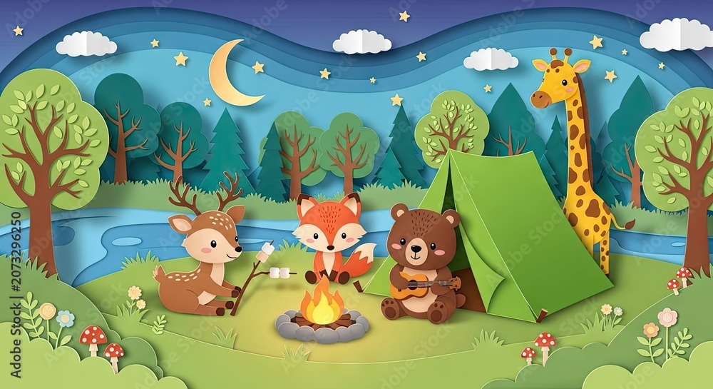 Naklejka premium Cartoon camping scene with forest animals and a cozy campfire at night