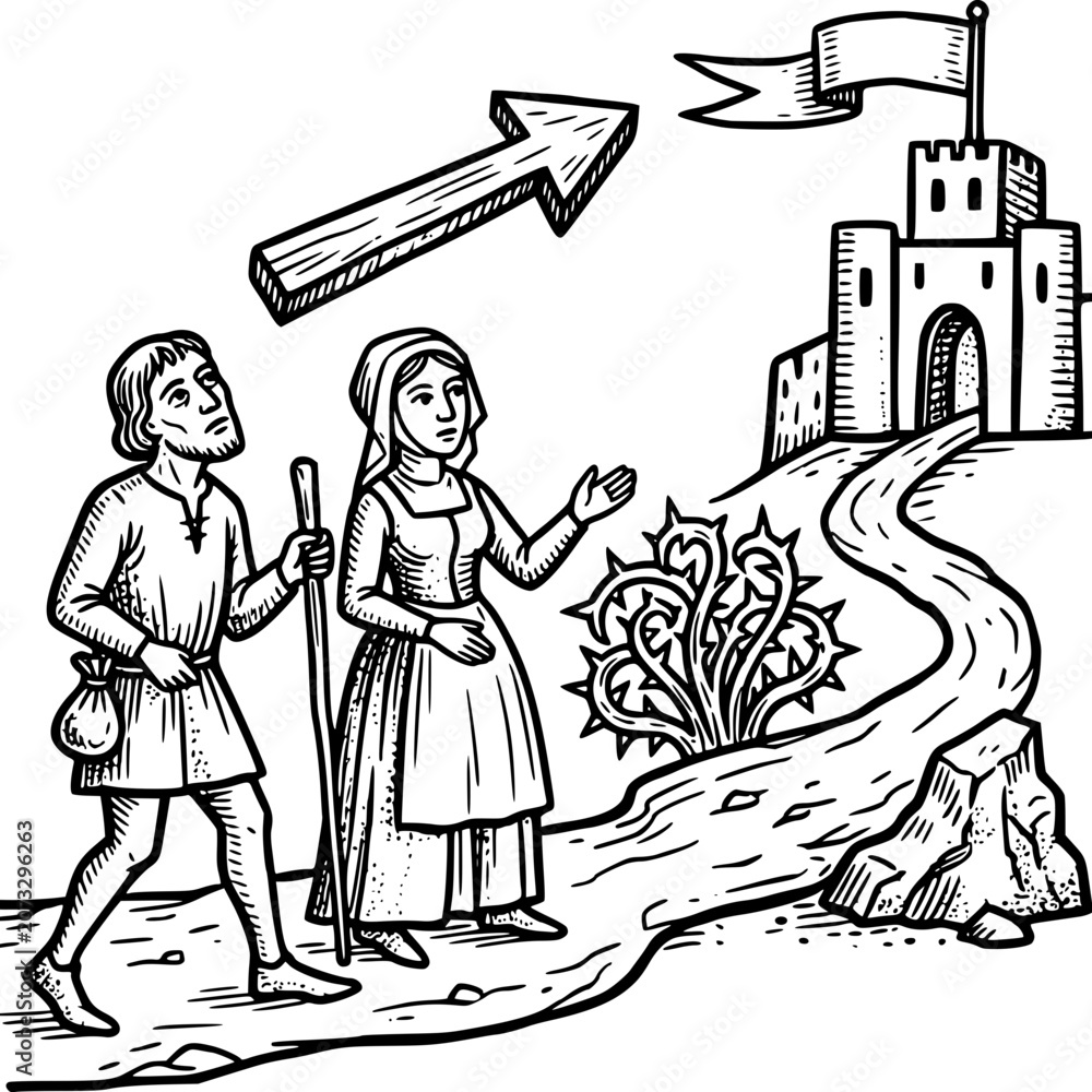Obraz premium Medieval Journey: A couple from medieval times embark on a journey, following a winding path towards a distant castle, symbolized by an upward arrow pointing towards success or a quest.