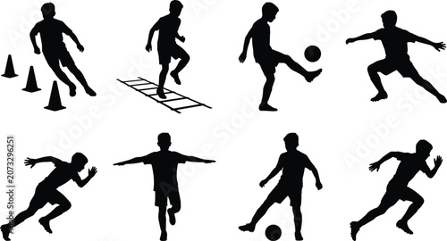 Fotografija Youth soccer training and agility drills black silhouette collection isolated on