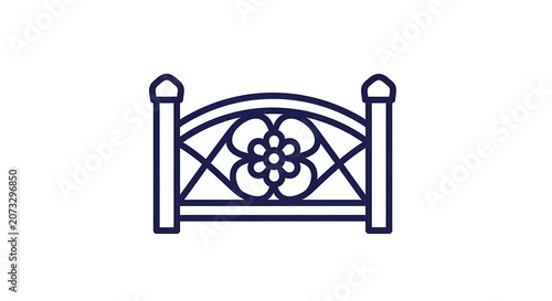 Forged metal fence section with elegant flower pattern and symmetrical grid lines, isolated on white background. Minimalist vector icon.