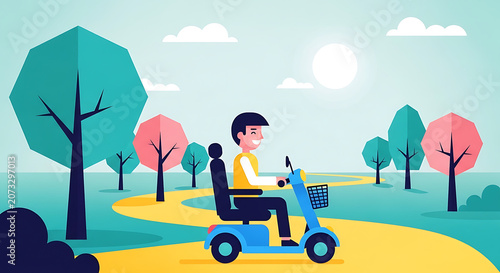 Happy smiling man driving blue electric mobility scooter on yellow park path under bright sun. Cheerful flat vector illustration style.