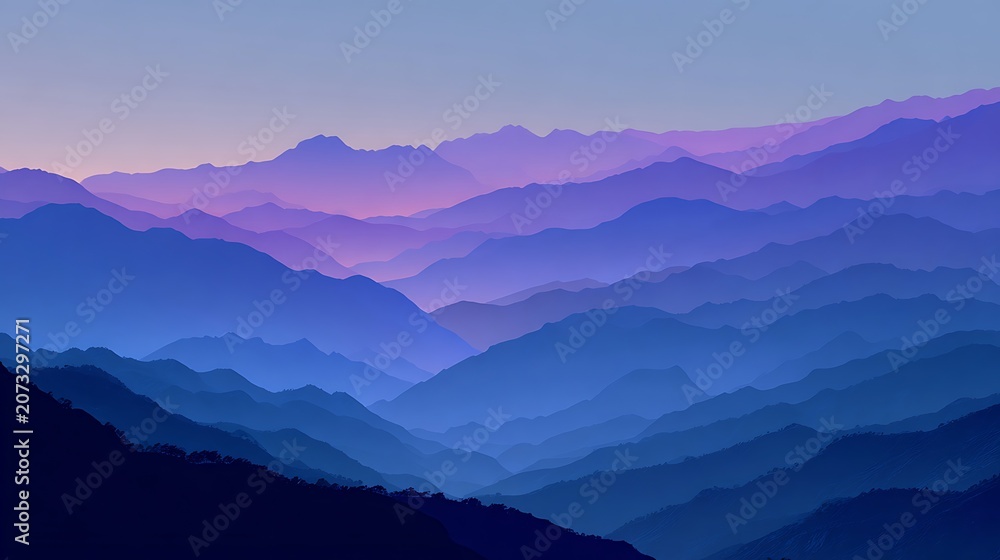 Obraz premium Layered mountain range at sunrise with purple and blue hues