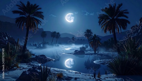Moonlit tropical landscape with palm trees.