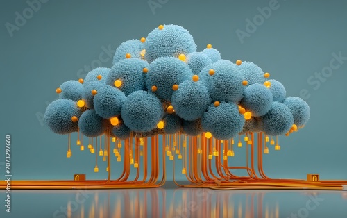 3D render of a blue fluffy cloud with glowing orange data streams illustrating cloud computing network connectivity.