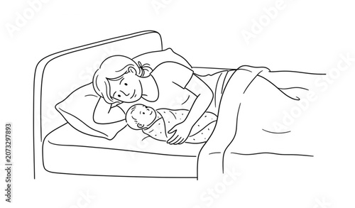 Mother and Baby on Bed Simple Line Art Vector