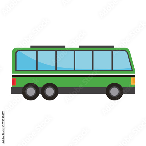 Flat vector illustration of a green public transit bus showing its side profile view with blue tinted windows. Clean automotive icon isolated on a white background.