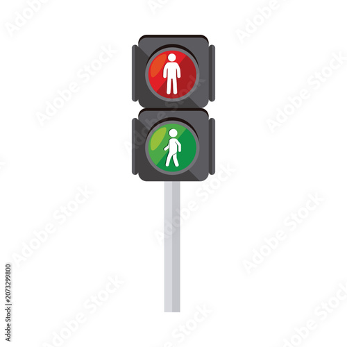 Flat vector illustration of a pedestrian crosswalk traffic light on a pole showing red stop and green walk signals, isolated on a white background.