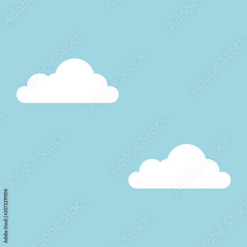 Minimalist flat vector background featuring two fluffy white cartoon clouds floating in a light blue sky, isolated on a square layout.
