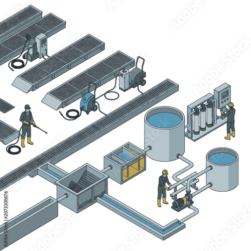 Industrial water treatment plant with purification system and workers.