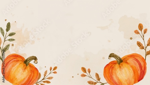 Watercolor Autumn Pumpkins with Leaves on Light Background for Fall Decor
