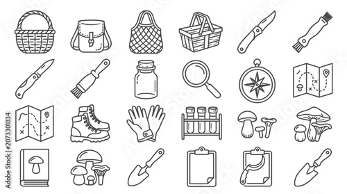 Schilderij op canvas Mushroom hunting equipment line icons collection with compass magnifying glass and boots