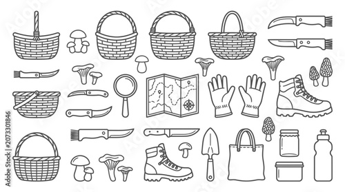 Schilderij op canvas Mushroom foraging line icons set with baskets knives map hiking boots and natural fungi