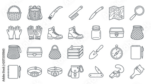 Foto Hiking and foraging gear outline icons including headlamps mesh bags and survival tools
