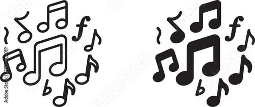 Black music notes, musical symbols, sound icons, audio elements, vector graphics