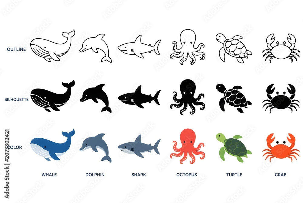 Fototapeta premium Marine Animal Icon Pack – Whale, Dolphin, Shark, Octopus, Turtle and Crab Outline, Silhouette & Colored Flat Vector Collection