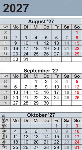 Kalender 2027 three month per page