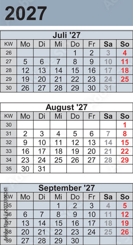Kalender 2027 three month per page