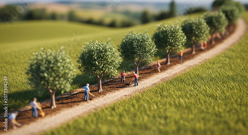 Miniature People Tending to Small Trees on a Rural Country Path
