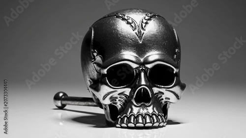 Metallic Skull Ornament On Tabletop Moody Studio Lighting Highlights Chrome Finish And Engraved Filigree Casting Dramatic Shadows On Reflective Surface Gothic Vanitas Atmosphere Blends Luxury Decor