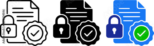 Set of secure document icons with padlock and checkmark seal symbols for data protection and privacy web interface