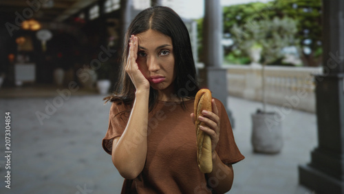 Фотография Hispanic woman holding baguette, hand on cheek for toothache at a building colonnade; tired disappointment solitude