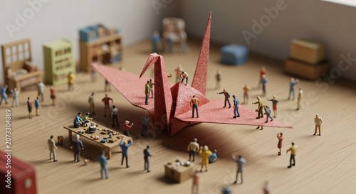 Miniature people building a large pink glitter origami crane