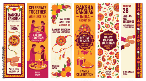 Raksha Bandhan festival vertical banners set, traditional Indian holiday celebration with rakhi and siblings, August 28 festive greeting cards