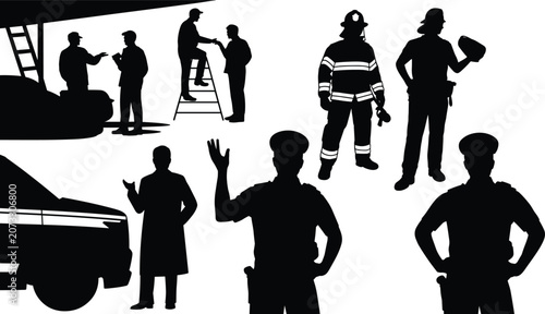 Fotografie Emergency Service Worker Silhouette Collection Featuring Firefighter Police Offi