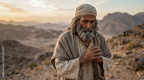 Elderly man with a gray beard and head wrap holding a staff with clasped hands. Weathered bronze olive skin with visible sun exposure. Biblical Moses praying in a rocky desert at golden hour