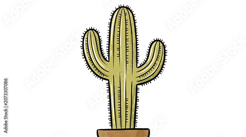 Minimal illustration of a cactus plant with three arms isolated on transparent background