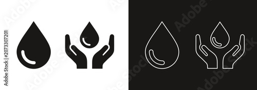 Fotografie A set of four water drop and hand icons in black and white for world water day o